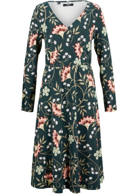 Baumwoll-Midi-Jerseykleid in Wickeloptik in grün von vorne - bpc bonprix collection