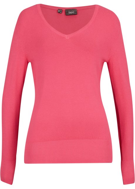 Feinstrick-Pullover mit V-Ausschnitt in pink von vorne - bpc bonprix collection