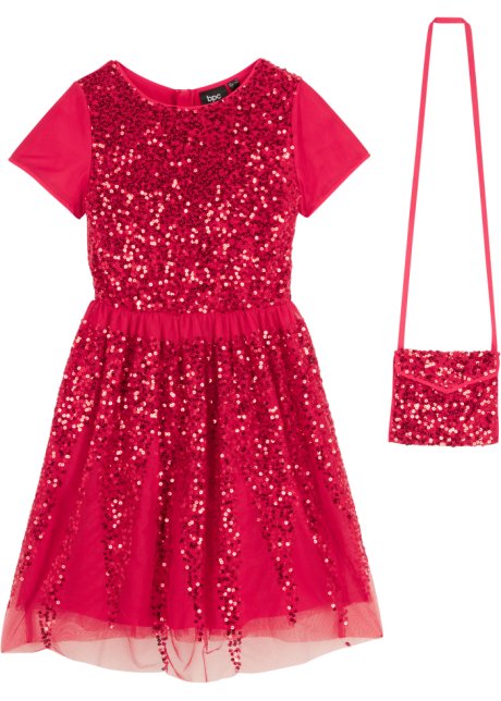 Festliches Mädchen Kleid mit Pailletten und Tasche in rot von vorne - bpc bonprix collection