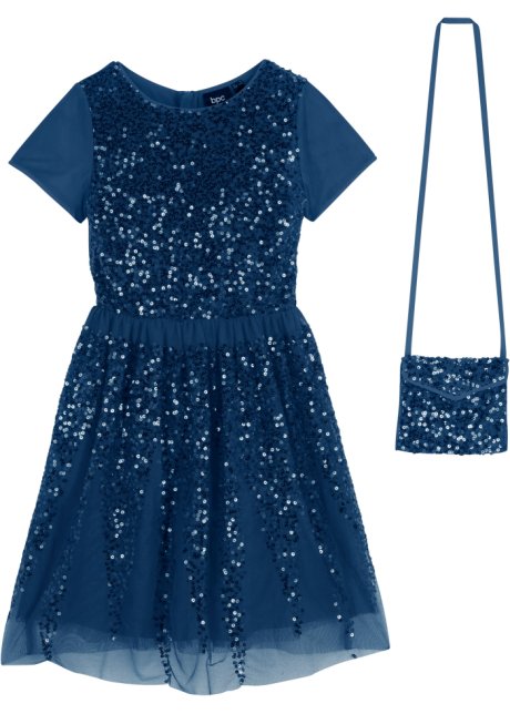 Festliches Mädchen Kleid mit Pailletten und Tasche in blau von vorne - bpc bonprix collection