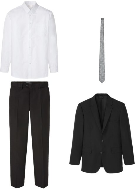 Anzug (4-tlg.Set): Sakko, Hose, Hemd, Krawatte in schwarz von vorne - bpc selection