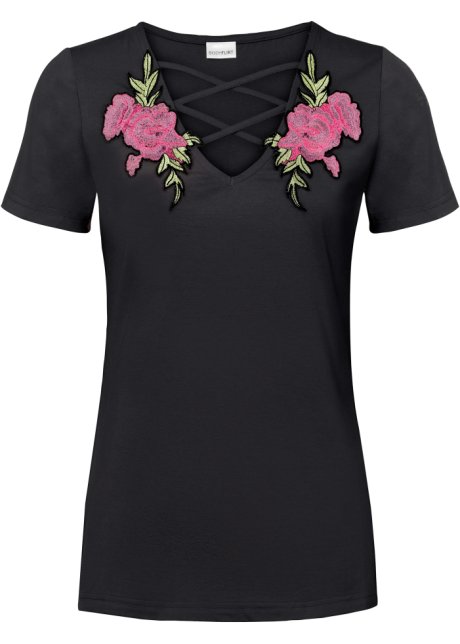 Shirt mit Rosenstickerei in schwarz von vorne - BODYFLIRT
