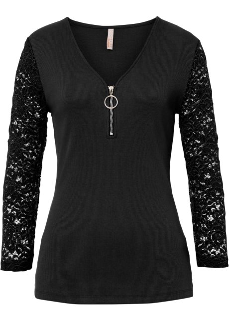 Shirt mit Reißverschluss in schwarz von vorne - BODYFLIRT boutique