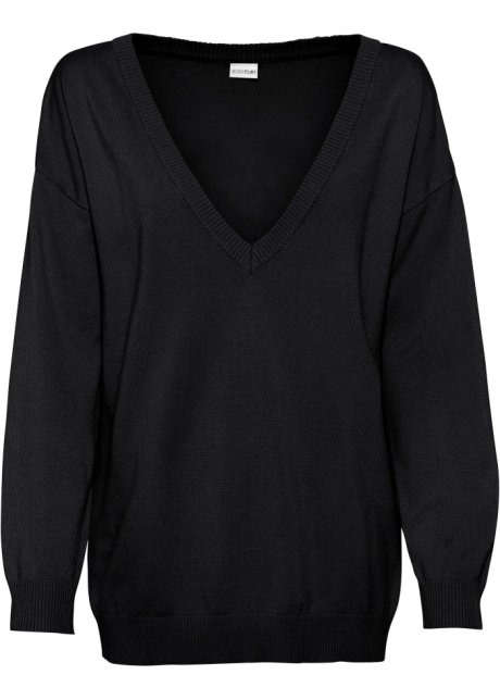 Oversize-Pullover mit V-Ausschnitt in schwarz von vorne - BODYFLIRT