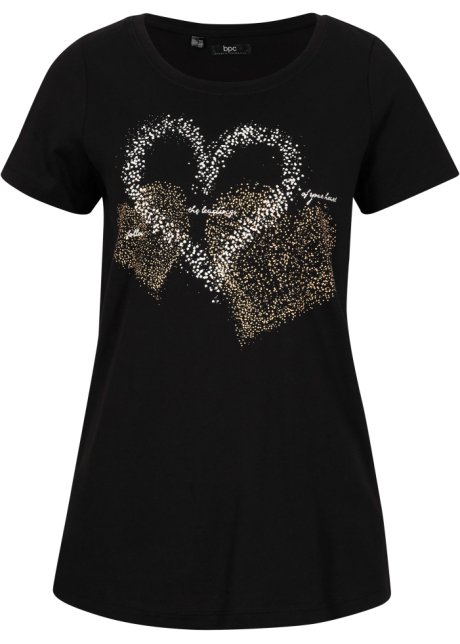 Shirt mit Herzdruck aus Bio Baumwolle, Kurzarm in schwarz von vorne - bpc bonprix collection
