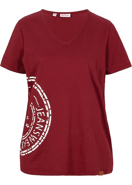 T-Shirt mit V-Kragen, bedruckt in rot von vorne - John Baner JEANSWEAR