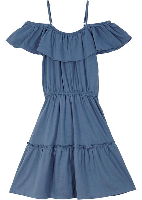 Mädchen Kleid mit Carmenausschnitt in blau von vorne - bpc bonprix collection