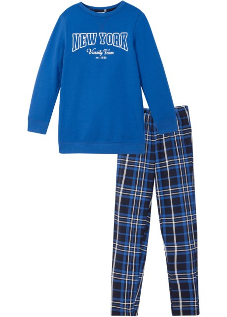 Mädchen Long-Sweatshirt + Karo-Leggings (2tlg. Set)  in blau von vorne - bpc bonprix collection
