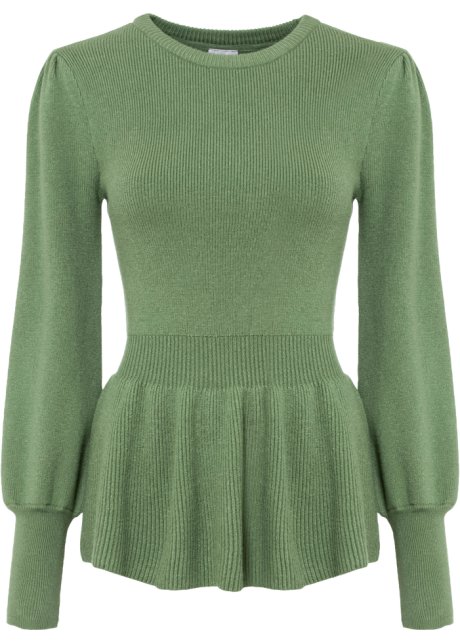 Pullover mit Volant in grün von vorne - BODYFLIRT