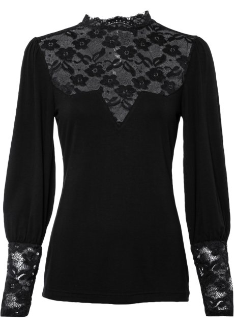 Langarmshirt mit Spitze  in schwarz von vorne - BODYFLIRT boutique