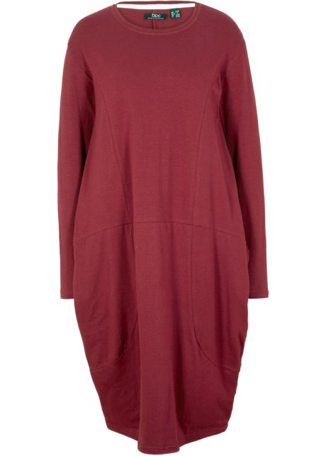 Knieumspielendes O-förmiges Baumwoll-Shirtkleid mit Taschen aus Web, langarm in rot von vorne - bpc bonprix collection