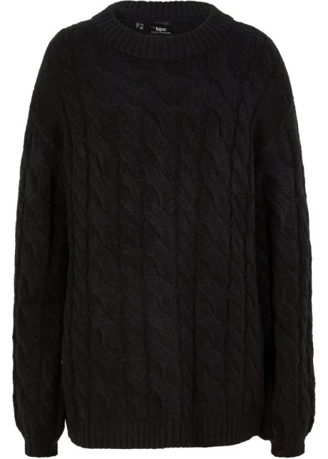 Oversize-Pullover mit Zopfmuster in schwarz von vorne - bpc bonprix collection