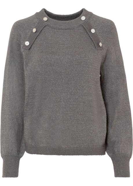 Pullover mit Schmuckknöpfen in grau von vorne - BODYFLIRT
