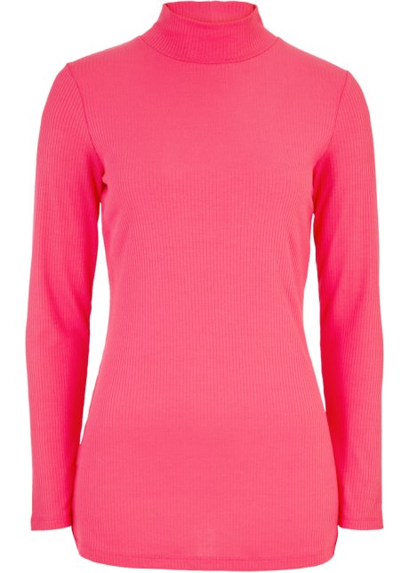 Shirt aus Rippe mit Turtleneck und Seitenschlitzen in pink von vorne - bpc bonprix collection