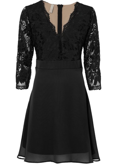 Chiffon-Kleid mit Spitze in schwarz von vorne - BODYFLIRT boutique