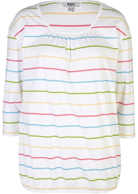 Baumwoll Shirt mit Streifen und Gummizug am Saum, 3/4-Arm in weiß von vorne - bpc bonprix collection