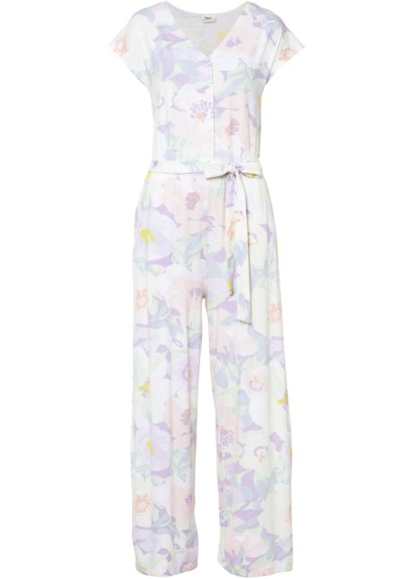 Jersey-Jumpsuit mit Taschen und Gummibund sowie Bindeband in der Taille, kurzarm in lila von vorne - bpc bonprix collection