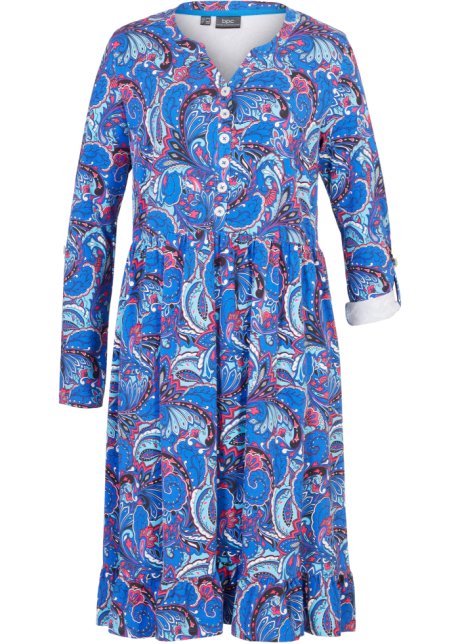 Knieumspielendes Tunika-Kleid mit Volants und Knopfleiste in blau von vorne - bpc bonprix collection