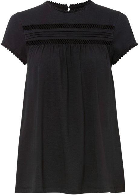 Baumwoll-Shirt mit Spitze in A-Line, kurzarm  in schwarz von vorne - bpc bonprix collection