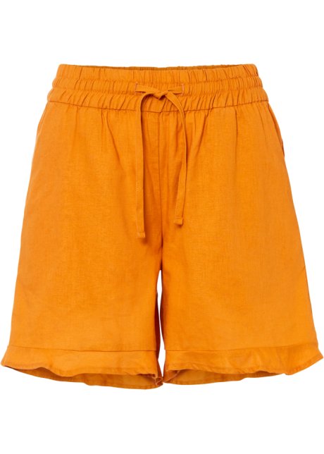 Leinen-Shorts mit Volant in braun von vorne - BODYFLIRT