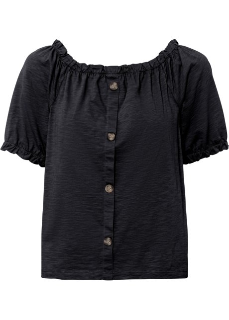 Shirt mit elastischem Ausschnitt in schwarz von vorne - BODYFLIRT