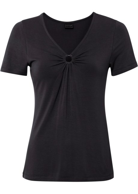 Halbarm-Shirt mit Ringdetail in schwarz von vorne - BODYFLIRT