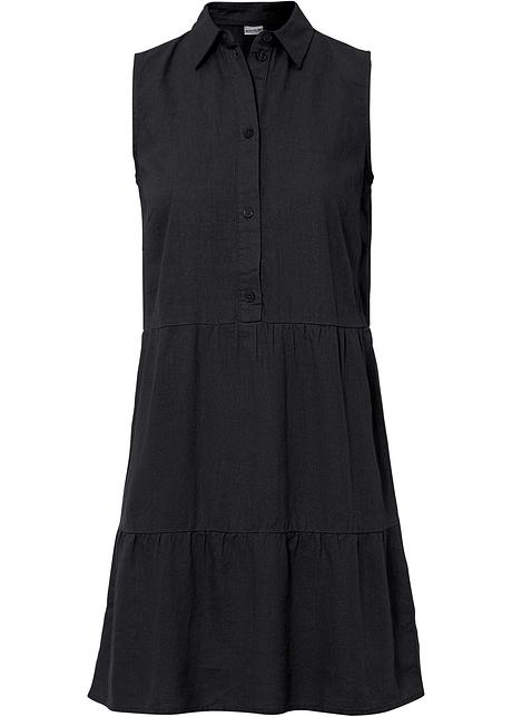 Leinen-Kleid mit Volants in schwarz von vorne - BODYFLIRT