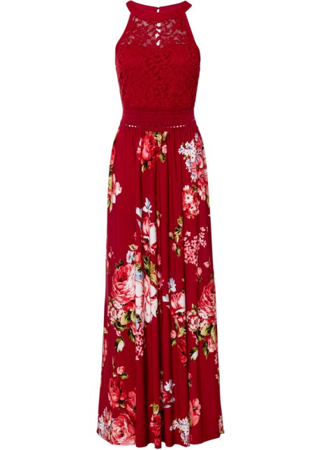Sommer-Maxikleid mit Blumen-Print und Spitze in rot von vorne - BODYFLIRT boutique