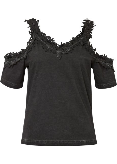 Shirt mit Spitze und Cut Outs in schwarz von vorne - RAINBOW