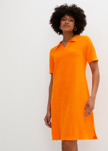 Knieumspielendes Frottee-Kleid mit Polokragen in orange von vorne (Totalaufnahme) - bpc bonprix collection