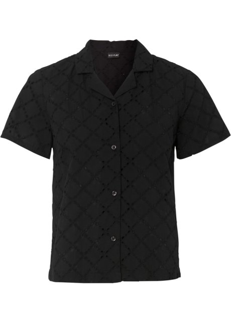 Modische Lochstickerei-Bluse in schwarz von vorne - BODYFLIRT