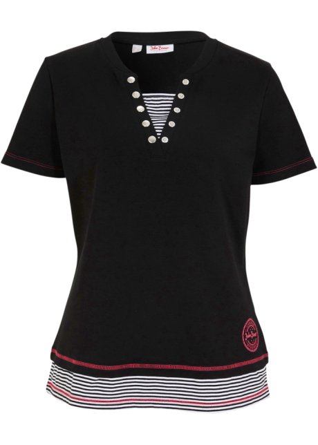 Baumwolle-Shirt, 2 in 1-Optik in schwarz von vorne - John Baner JEANSWEAR