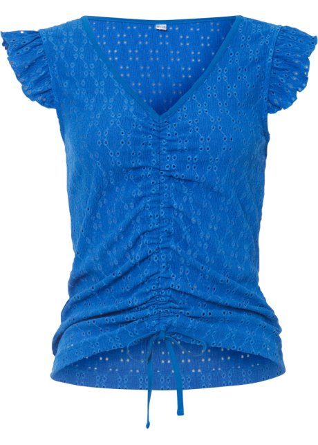 Gerafftes Shirt mit Lochspitze in blau von vorne - RAINBOW