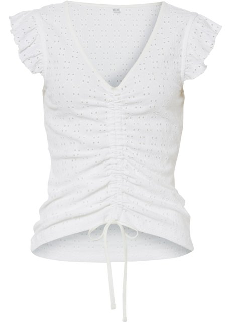 Gerafftes Shirt mit Lochspitze in weiß von vorne - RAINBOW
