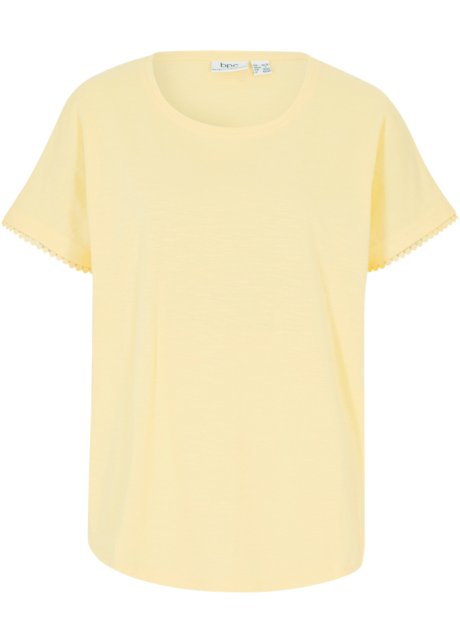 Flammgarn-Shirt mit Spitzenkante am Ärmelsaum, kurzarm  in gelb von vorne - bpc bonprix collection