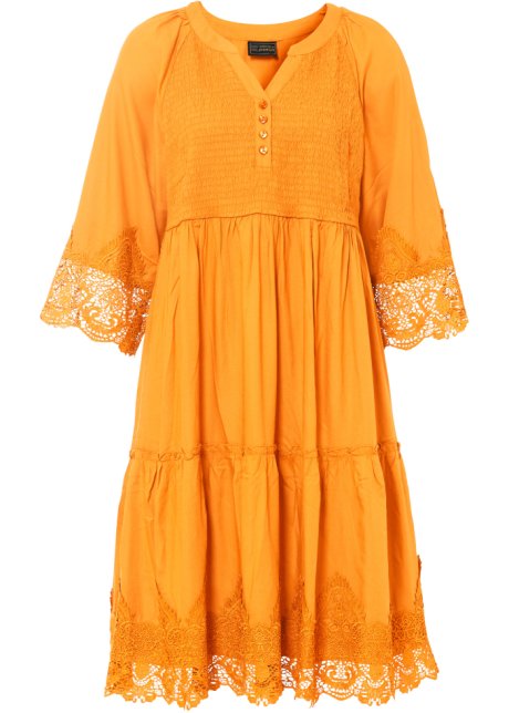 Hemdblusenkleid aus nachhaltiger Viskose mit Spitze in orange von vorne - bpc selection premium