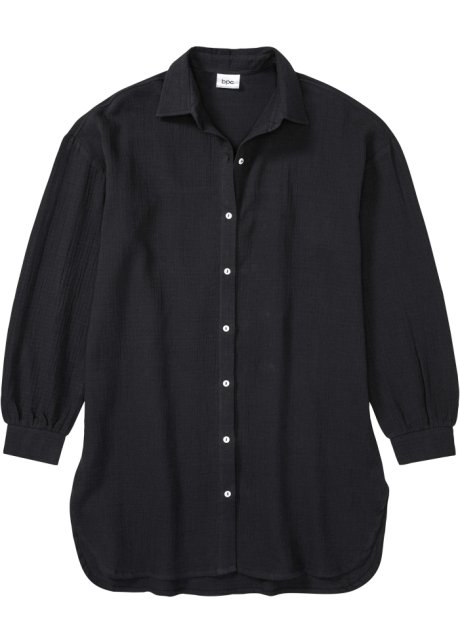 Musselin Nachthemd oversized  mit Knopfleiste in schwarz von vorne - bpc bonprix collection