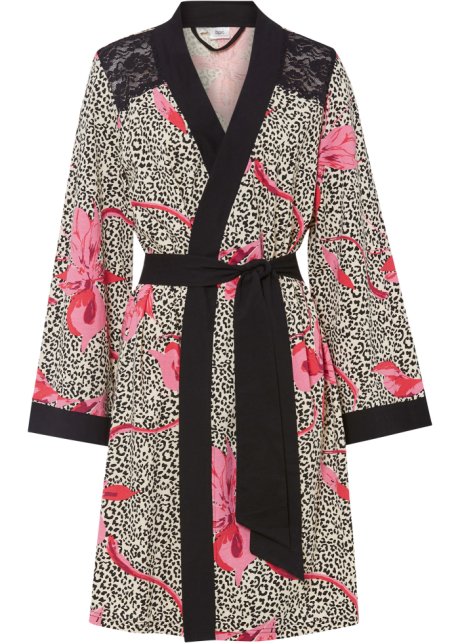 Kimono Bademantel aus Shirtqualität mit Spitze in schwarz von vorne - bpc bonprix collection