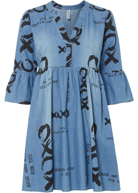 Jeanskleid bedruckt aus Bio-Baumwolle in blau von vorne - RAINBOW