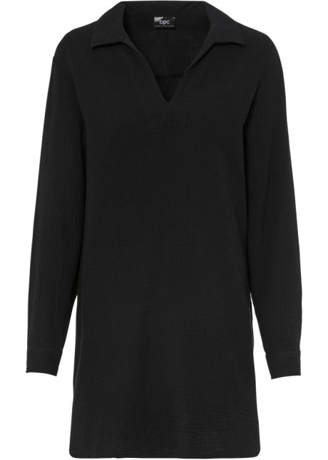 Musselin-Kleid mit Kragen aus nachhaltiger Baumwolle in schwarz von vorne - bpc bonprix collection