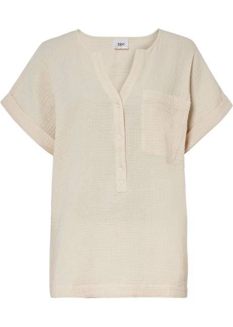Musselin-Bluse mit Knopfleiste und Tasche in beige von vorne - bpc bonprix collection