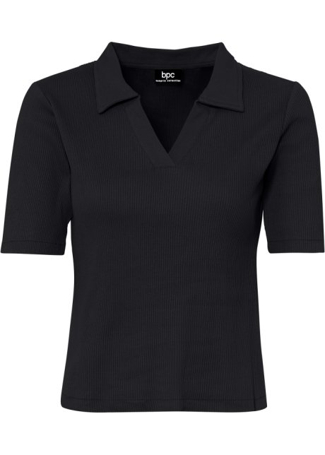 Ripp-Poloshirt, halbarm in schwarz von vorne - bpc bonprix collection
