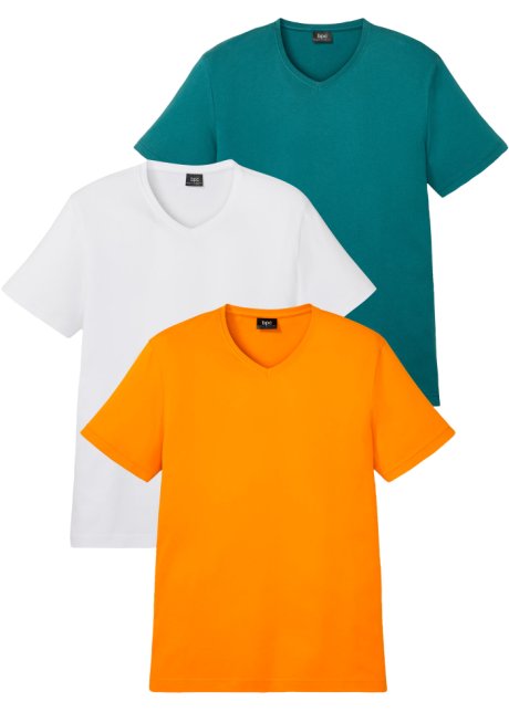 T-Shirt mit V-Ausschnitt (3er Pack) in petrol von vorne - bpc bonprix collection