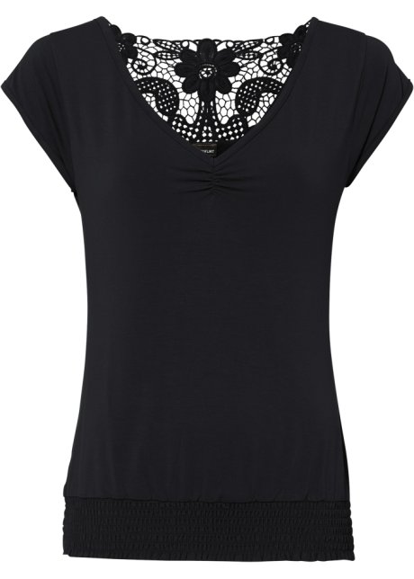 Shirt mit Spitzen-Einsatz in schwarz von vorne - BODYFLIRT