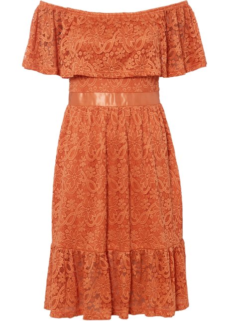 Off-Shoulder-Kleid aus Spitze in orange von vorne - BODYFLIRT boutique