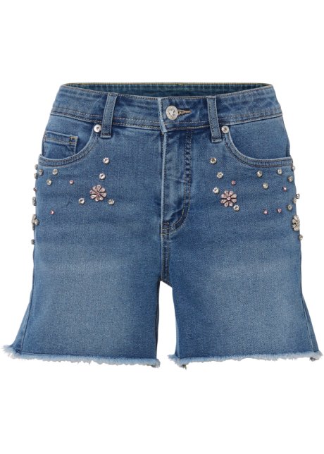 Jeans-Shorts mit Strass-Applikation in blau von vorne - BODYFLIRT