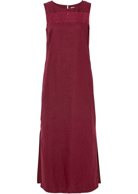 Maxi-Kleid mit Leinen, Lochmuster am Ausschnitt und Seitenschlitz in rot von vorne - bpc bonprix collection