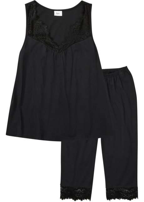 Capri Pyjama mit Spitze in schwarz von vorne - bpc bonprix collection