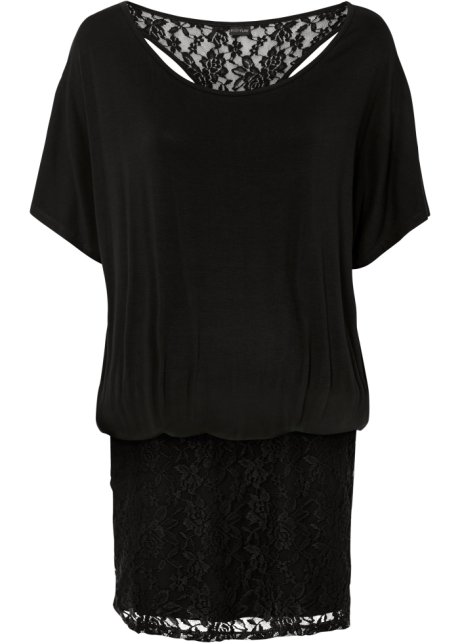 Kleid mit Fledermausärmeln und Spitze in schwarz von vorne - BODYFLIRT