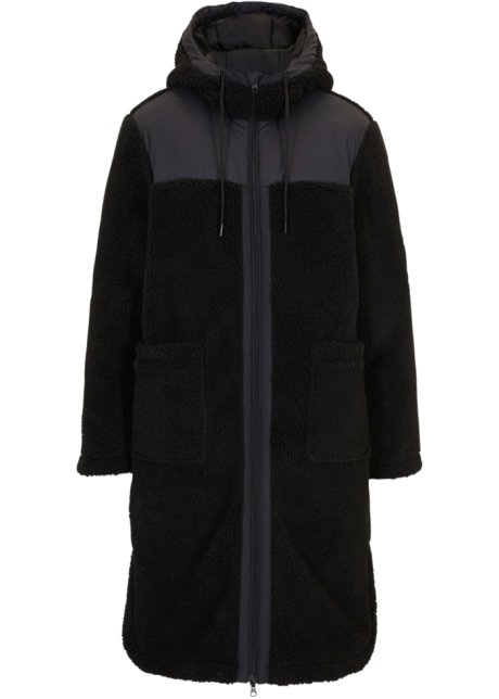 Teddy Materialmix Mantel in schwarz von vorne - bpc bonprix collection